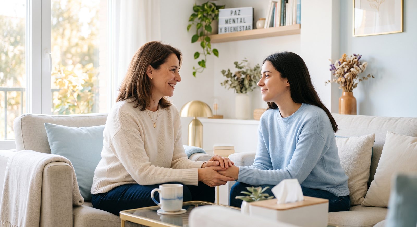 Dos mujeres conversando en un espacio luminoso